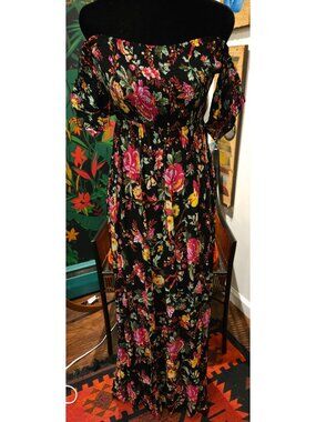 NEW Floral Off-Shoulder Smocked Maxi Dress Black & Pink By Rebellion Size L